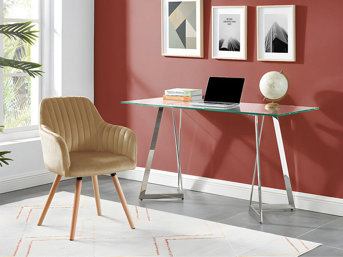 STUHL mit Armlehnen - Samt & Metall in Holzoptik - Beige - ELEANA - Beige, Textil (58/85/56cm) - Vente-Unique