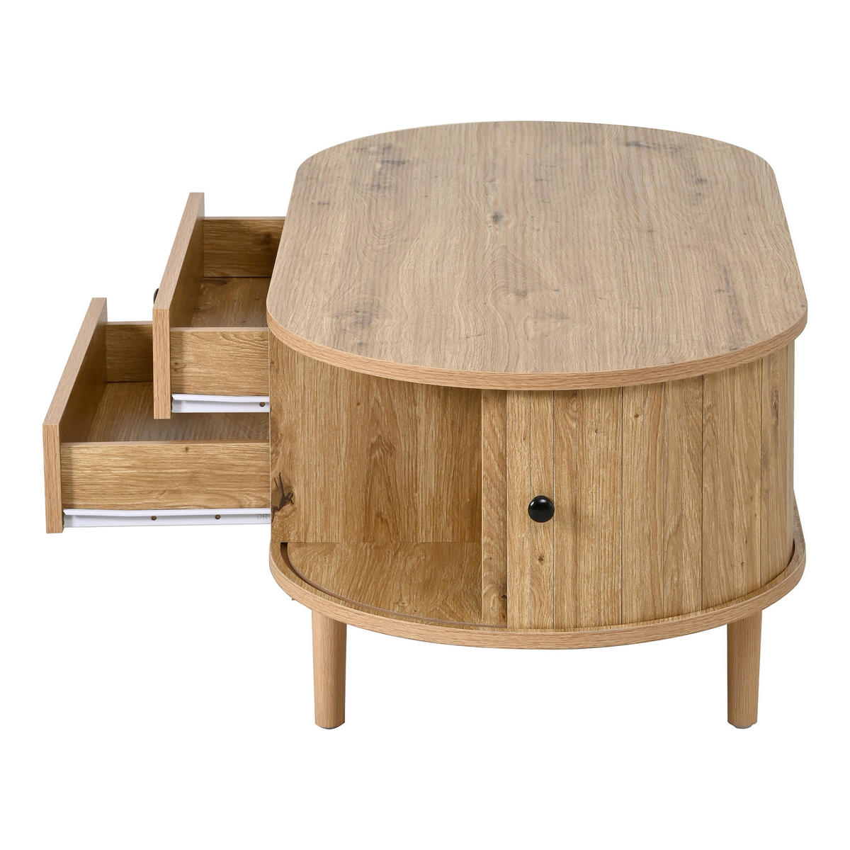 COUCHTISCH DE-37074 oval mit Schiebetüren und 2 Schubladen Eiche - Eichefarben, Holzwerkstoff (100/50/40cm) - ComfortXL