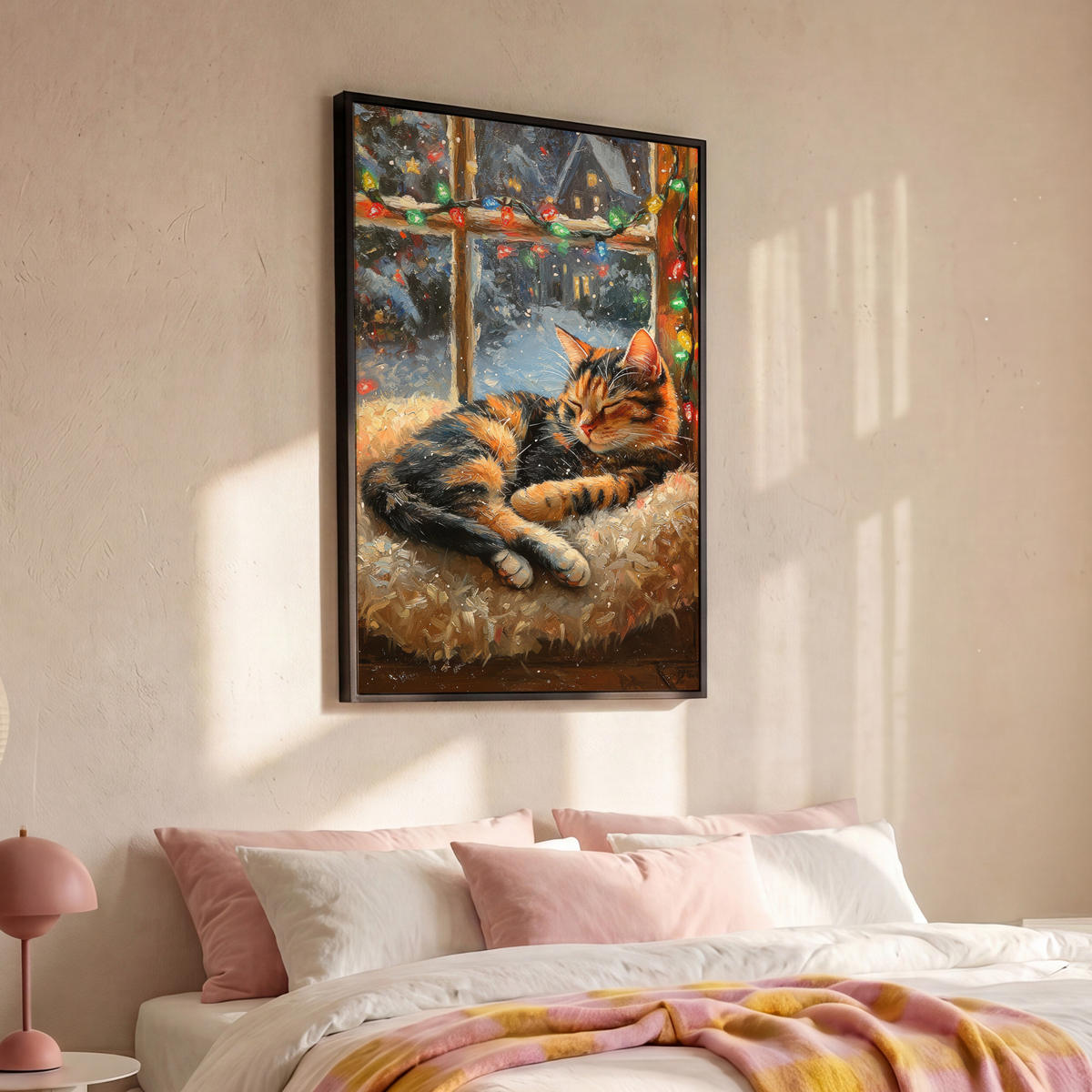 LEINWAND Bilder mit Rahmen - Katze - Weihnachten - Winter - Tier - 100x150 - Bernsteinfarben, Textil (100/150cm) - MuchoWow