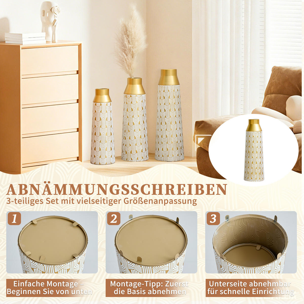 BODENVASE 3-tlg Bodenvase gold 42/51/60,5cm Metallvase geometrisch für Pampasgras - Goldfarben, Metall (66.49cm) - Raelunyi