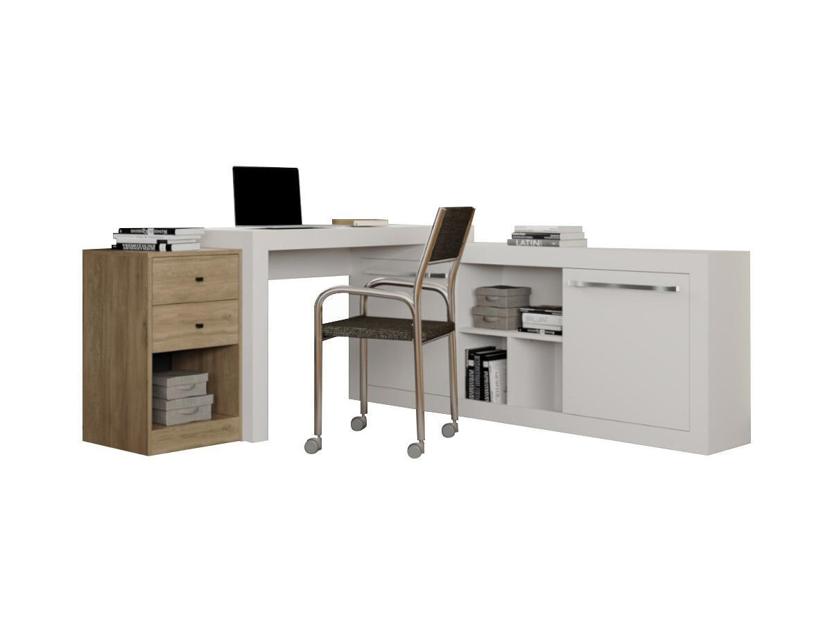 ECKSCHREIBTISCH mit 2 Schubladen & 2 Türen - Weiß & Eichefarben - EVAN - Naturfarben, Holz (159.9/175.5/75.3cm) - Vente-Unique