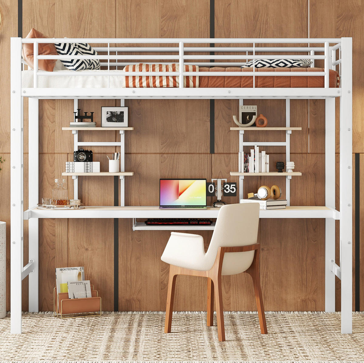 HOCHBETT aus Metall 90x200 cm Weiß mit Schreibtisch und 2 Bücherregalen - Weiß, Metall (90/200cm) - IVMEU