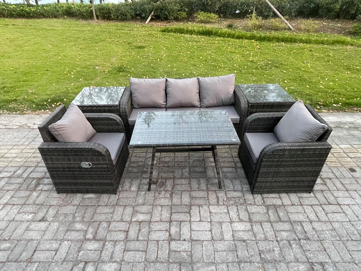 GARTENMÖBEL SET mit COUCHTISCH Polyrattan Dunkelgrau 5-Sitzer - Dunkelgrau/Grau, Glas/Kunststoff - Fimous