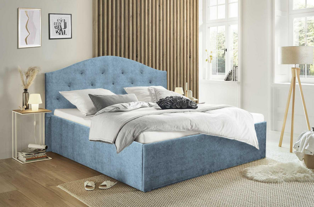 POLSTERBETT Oslo Blau 160 x 200 x 40 cm Stauraum ohne hydraulische Funktion Mit hochwertiger Matratze H3 (bis 120 kg) und Lattenrost - Blau, Holz (160/200cm) - Halmon Schlafkomfort Betten 
