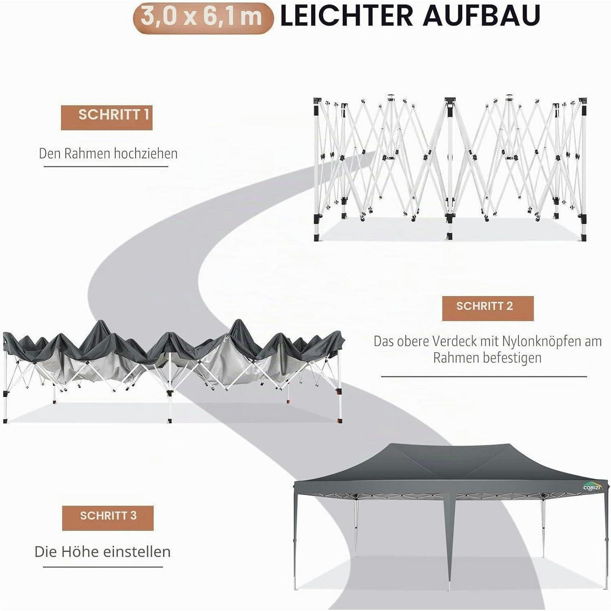 FALTPAVILLON 3 x 6 m Grau Wasserdicht mit 6 Seitenteilen - Grau, Textil (300/320/600cm)
