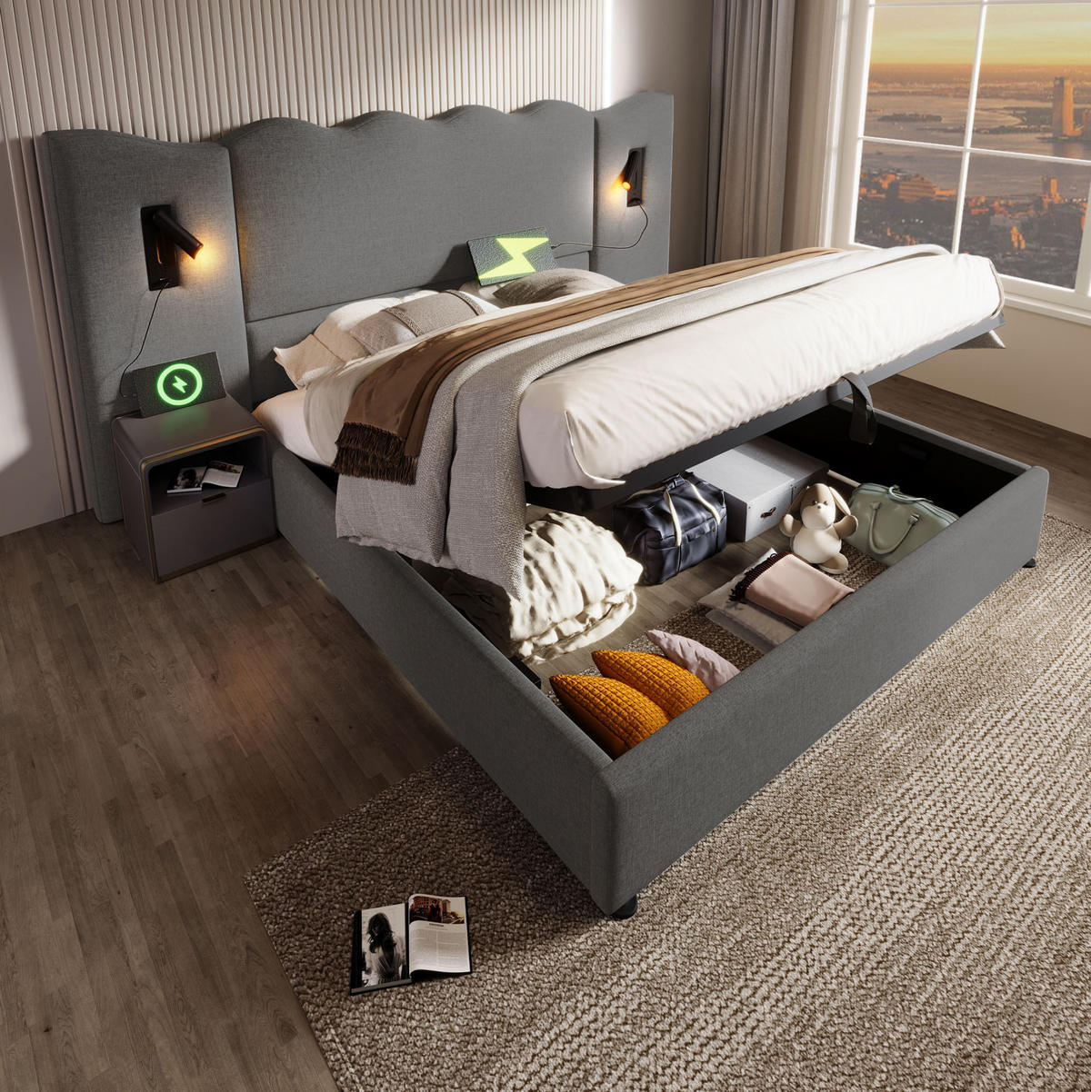 POLSTERBETT 180/200 cm mit Leselampe, USB-C, Stauraum und Wellenkopfteil, Leinen, Grau - Grau, Textil (180/200cm) - Redom