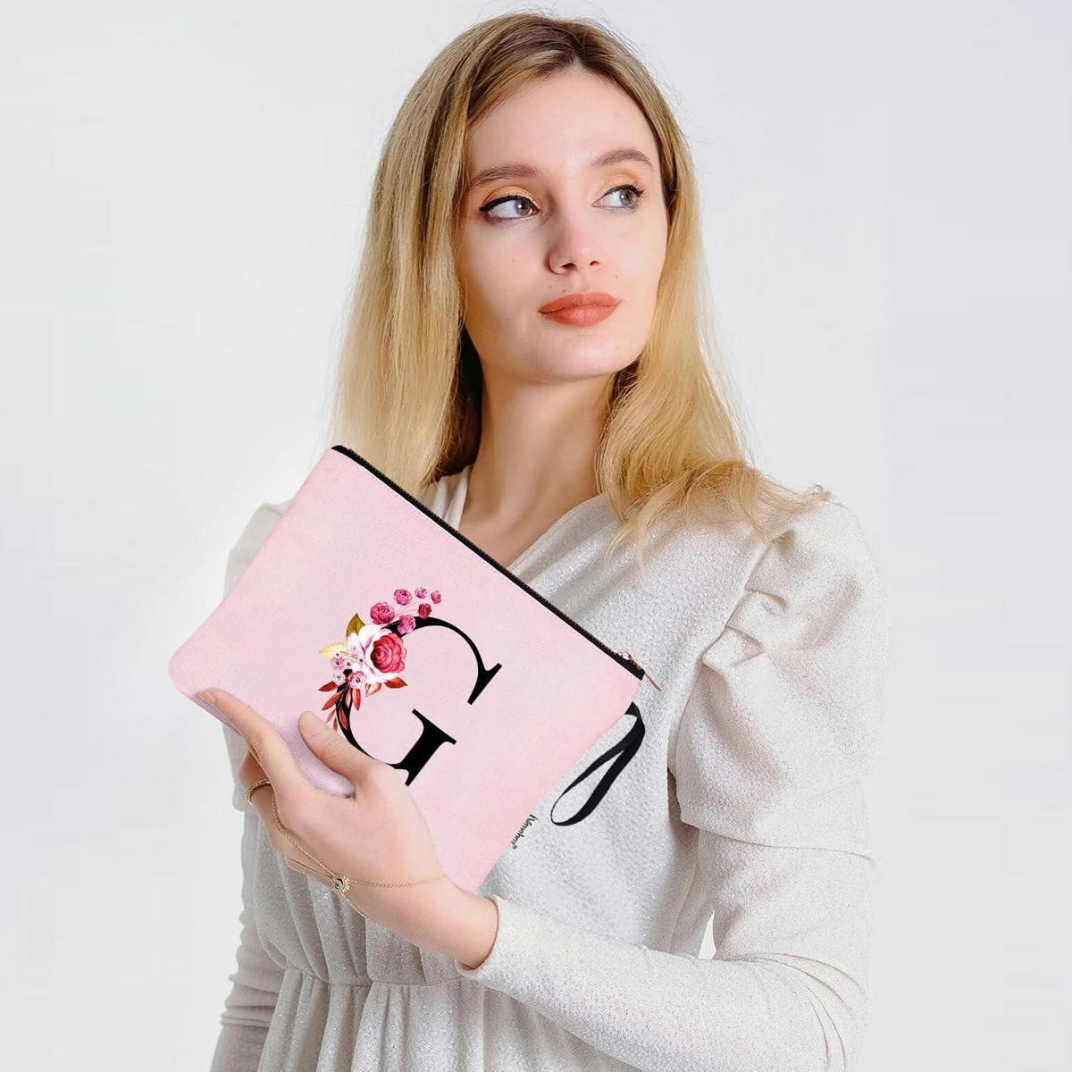 KULTURBEUTEL mit Initial G und Blumenprint Pink - Rosa, Textil (5/16/24cm)