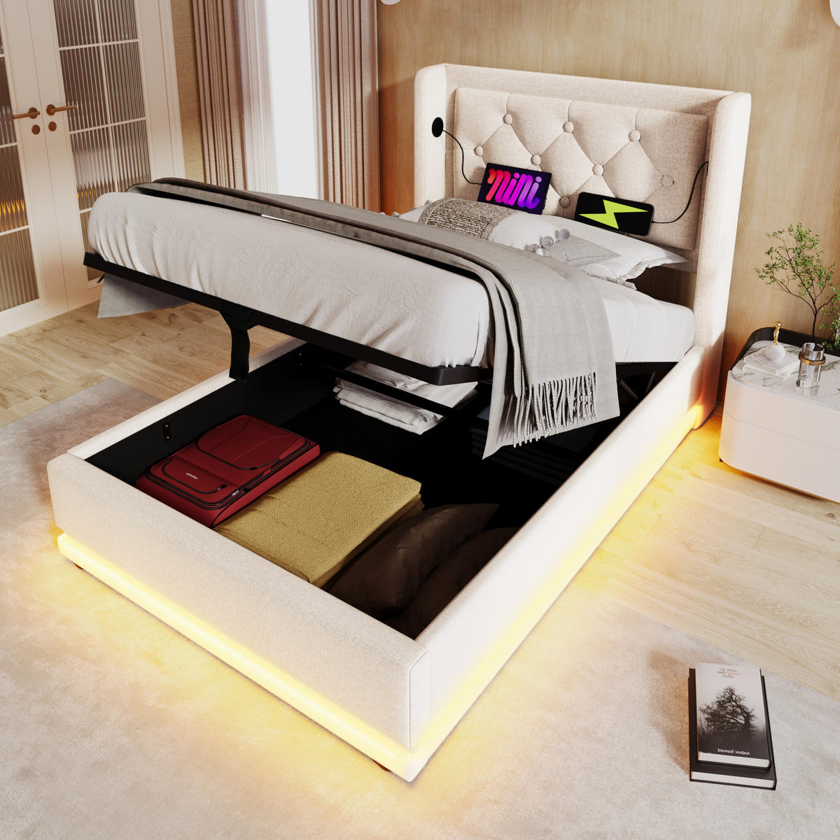 POLSTERBETT 90/200 cm Beige aus Baumwolle mit LED, Stauraum und USB-C - Beige, Textil (90/200cm) - OKMYHOME