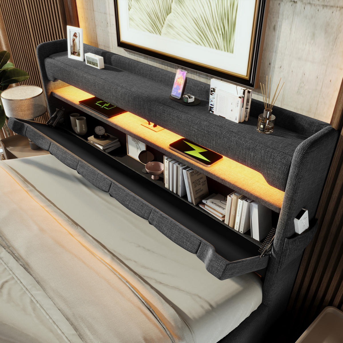 BETT mit Stauraum und LED 180/200 cm - Grau, Holzwerkstoff/Textil - Urban Meuble