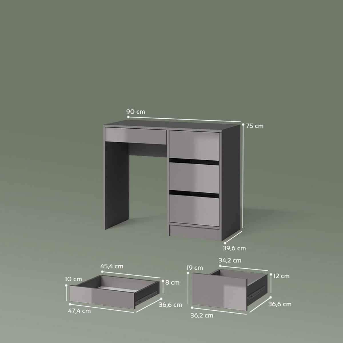 SCHMINKTISCH Imola Grau mit 4 Schubladen - Grau, Holzwerkstoff (40/90/75cm) - Livinity®