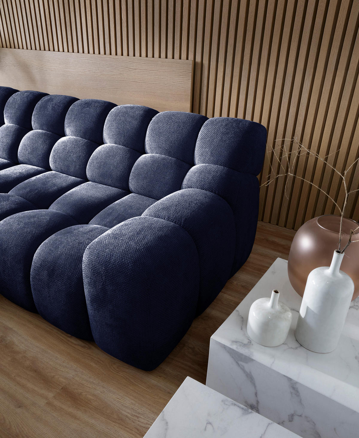 ECKSOFA CAMPILE mit elektrisch verschiebbarem Sitz, Marine, Links - Dunkelblau, Holz/Textil (119/288cm) - DomoHome