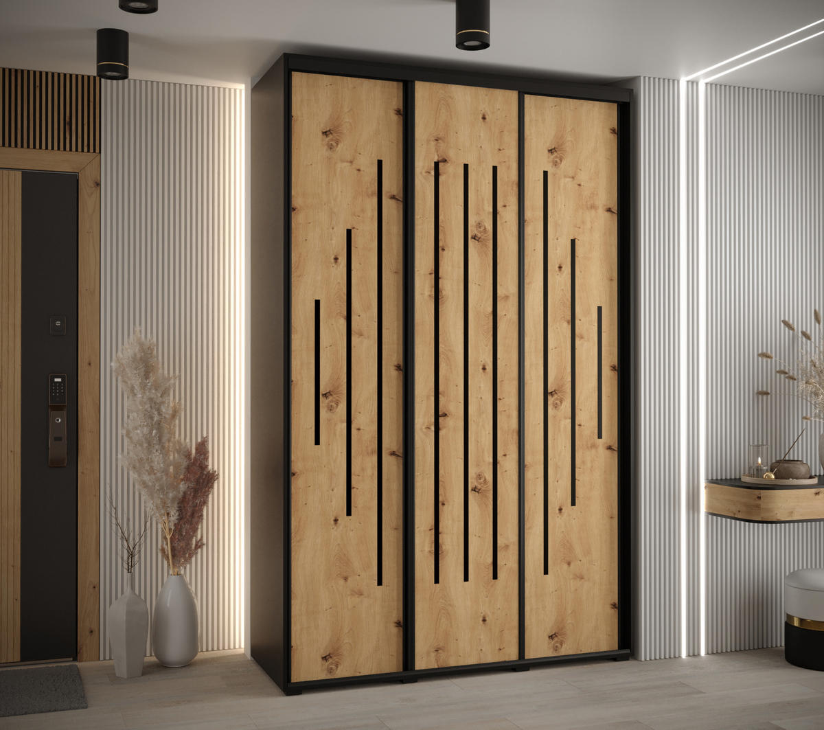 SCHWEBETÜRENSCHRANK 235,2/150/60 3-türig - Schwarz/Eiche Artisan, Holz/Metall (150/235/60cm) - Abiks Möbel