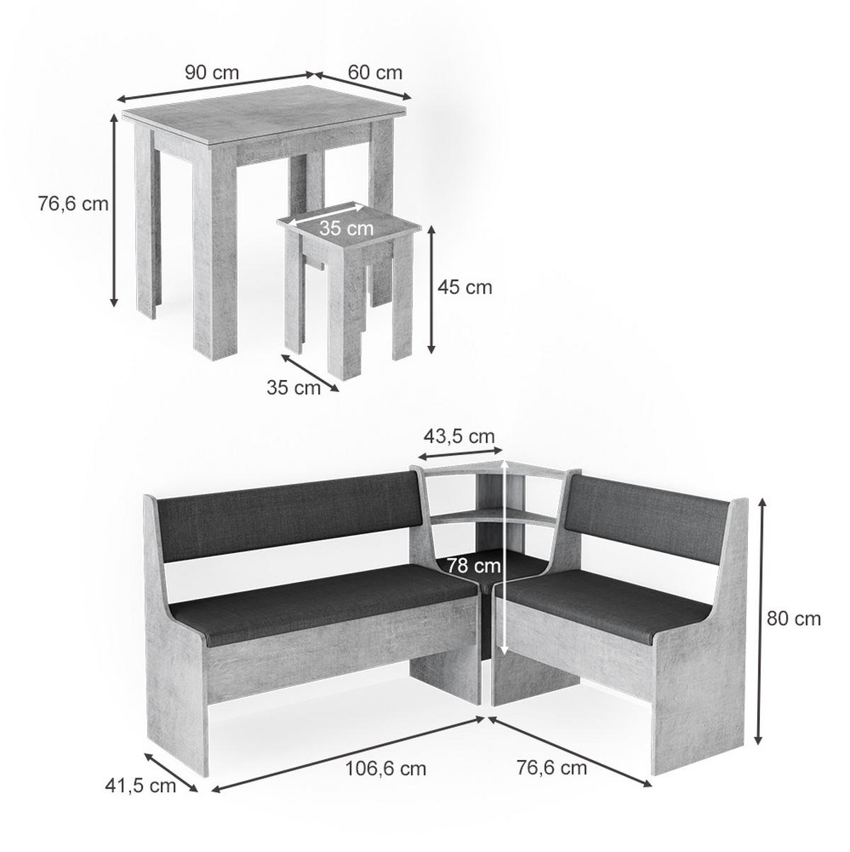 ECKBANKGRUPPE Roman Beton 150 x 41.5 cm mit Tisch - Schieferfarben, Holzwerkstoff (150/80/120cm) - Vicco