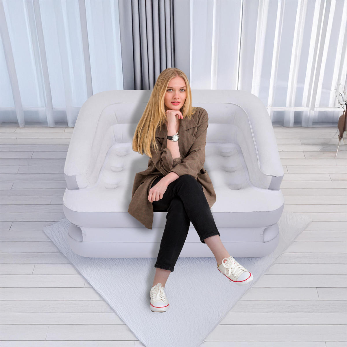 LUFTSOFA aufblasbares Sofa 198 x 138 x 62 cm weiß-grau wandelbar zum Doppelbett - Weiß/Grau, Kunststoff (138/62/198cm) - Avenli