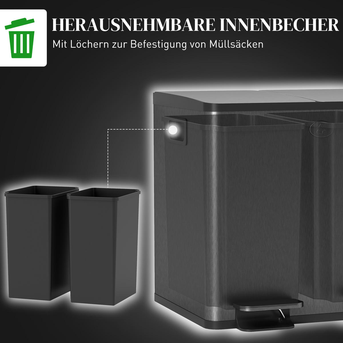 MÜLLEIMER 2 x 15L Mülltrennsystem Edelstahl mit Softclose Deckel Schwarz - Schwarz, Kunststoff (36.6/43.2/41.7cm) - HOMCOM