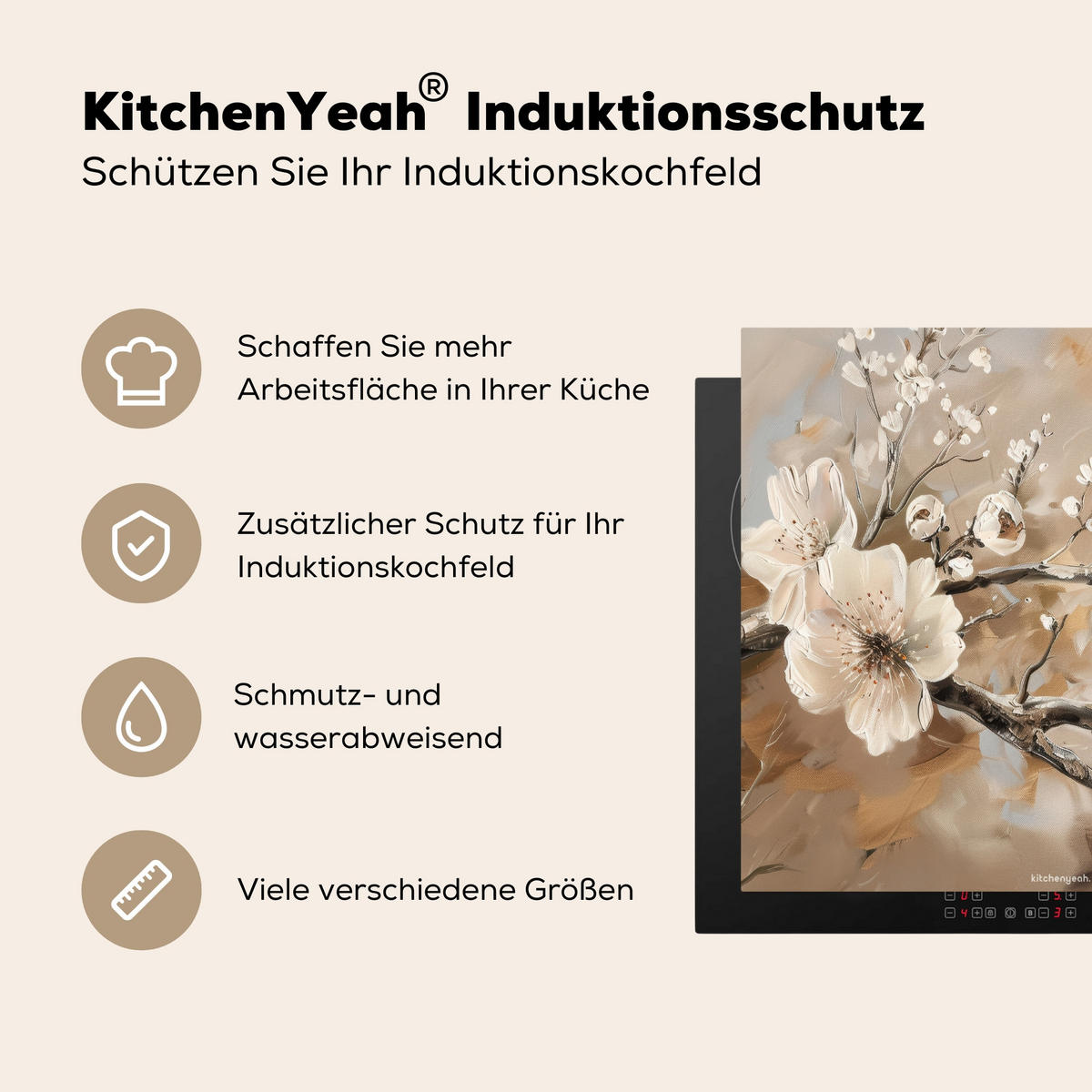 HERDABDECKPLATTE Blumen - Abstrakt - Gemalt - Beige 57x51 cm - Kaschmir, Kunststoff (57.6/0.2/51.6cm) - MuchoWow