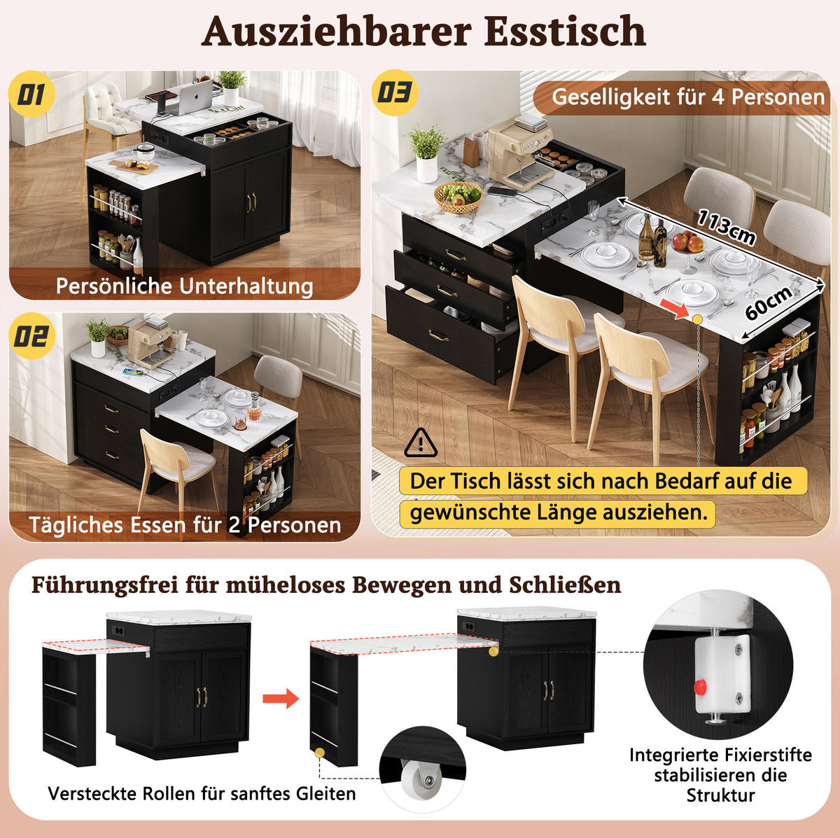 KUHINJSKI otok 125,5–187,5/71/93 cm z LED osvetlitvijo, USB/Type-C polnilom, raztegljivo mizno ploščo iz MDF, Črna - črna, leseni material (125.5/93/71cm) - Redom