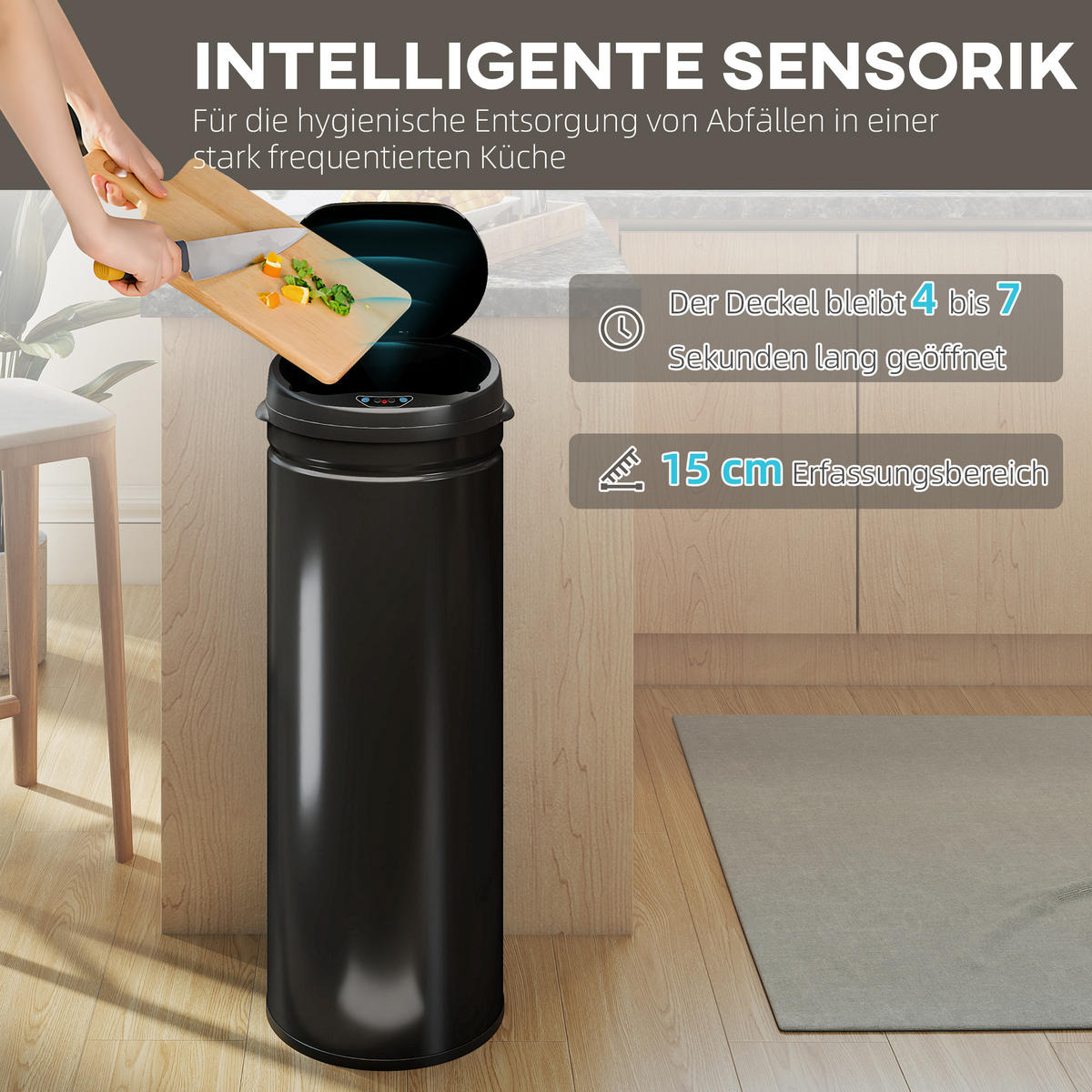 MÜLLEIMER mit Sensor 50L Edelstahl Automatischer Mülleimer mit Soft-Close-Deckel - Schwarz, Metall (30.5/85/30.5cm) - HOMCOM