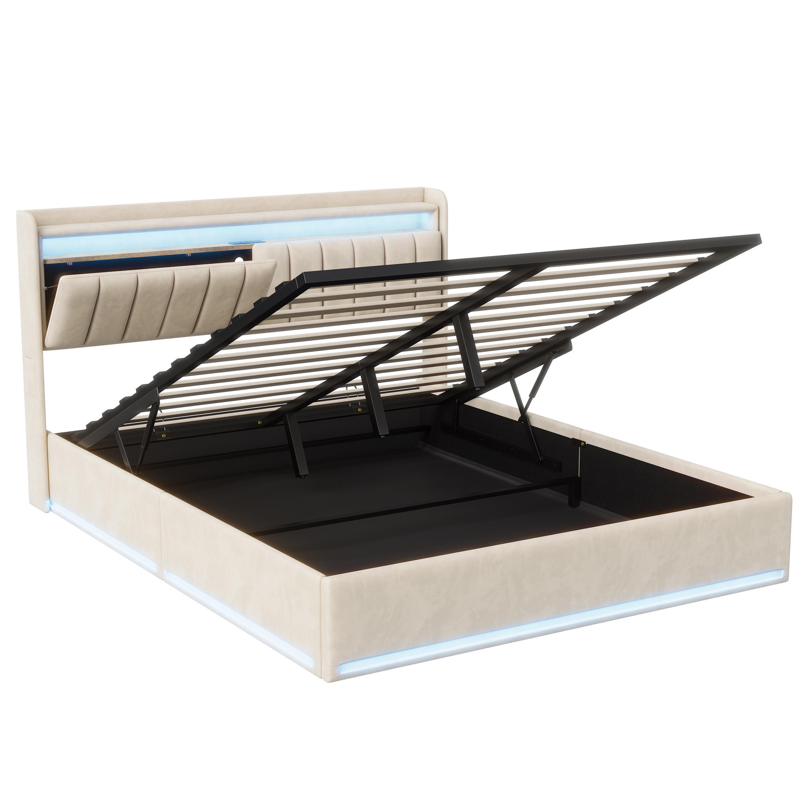 POLSTERBETT 140x190 cm Beige mit LED, USB- und USB-C, Stauraum & Bettkasten - Beige, Holz (140/190cm)
