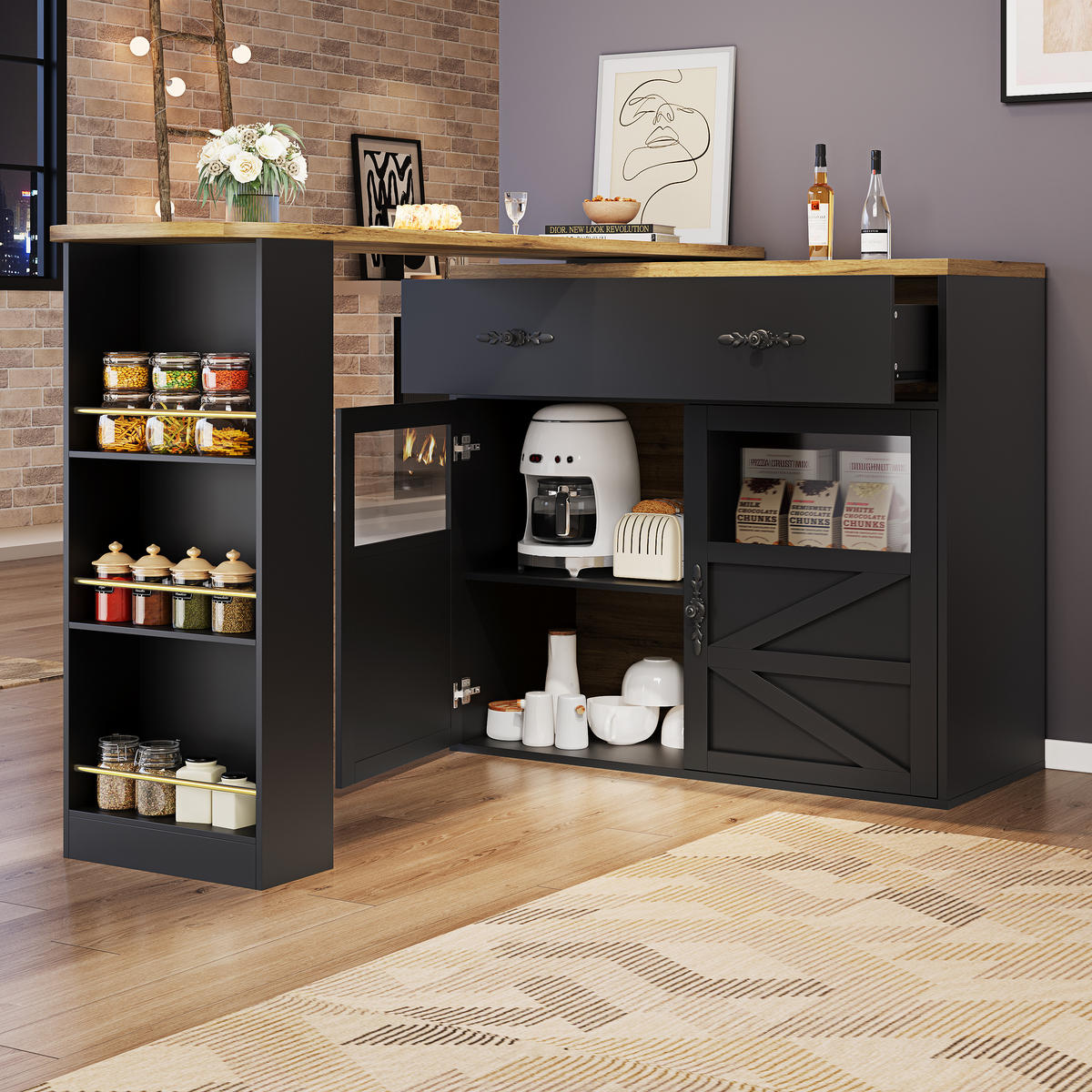 BARTISCH aus MDF, ausziehbar 138-204/39/104 cm mit 360° Drehfunktion & Stauraum, Schwarz - Schwarz, Holzwerkstoff (39/104/138cm) - Redom