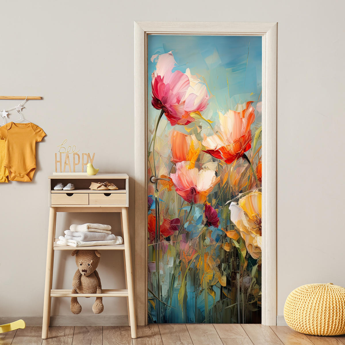 TÜRAUFKLEBER Selbstklebend - Blumen - Aquarell - Kunst - Botanisch - Natur 95x215 cm - Türtapete - Orange, Kunststoff (95/0.1cm) - MuchoWow