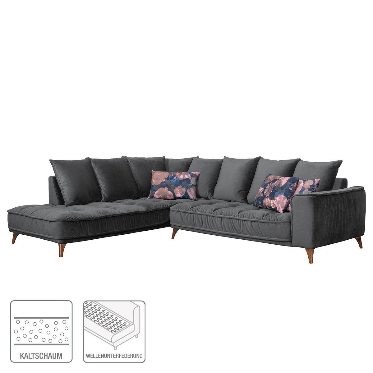 ECKSOFA mit Ottomane - Samt - Schwarz, Textil/Metall (288/245cm) - home24