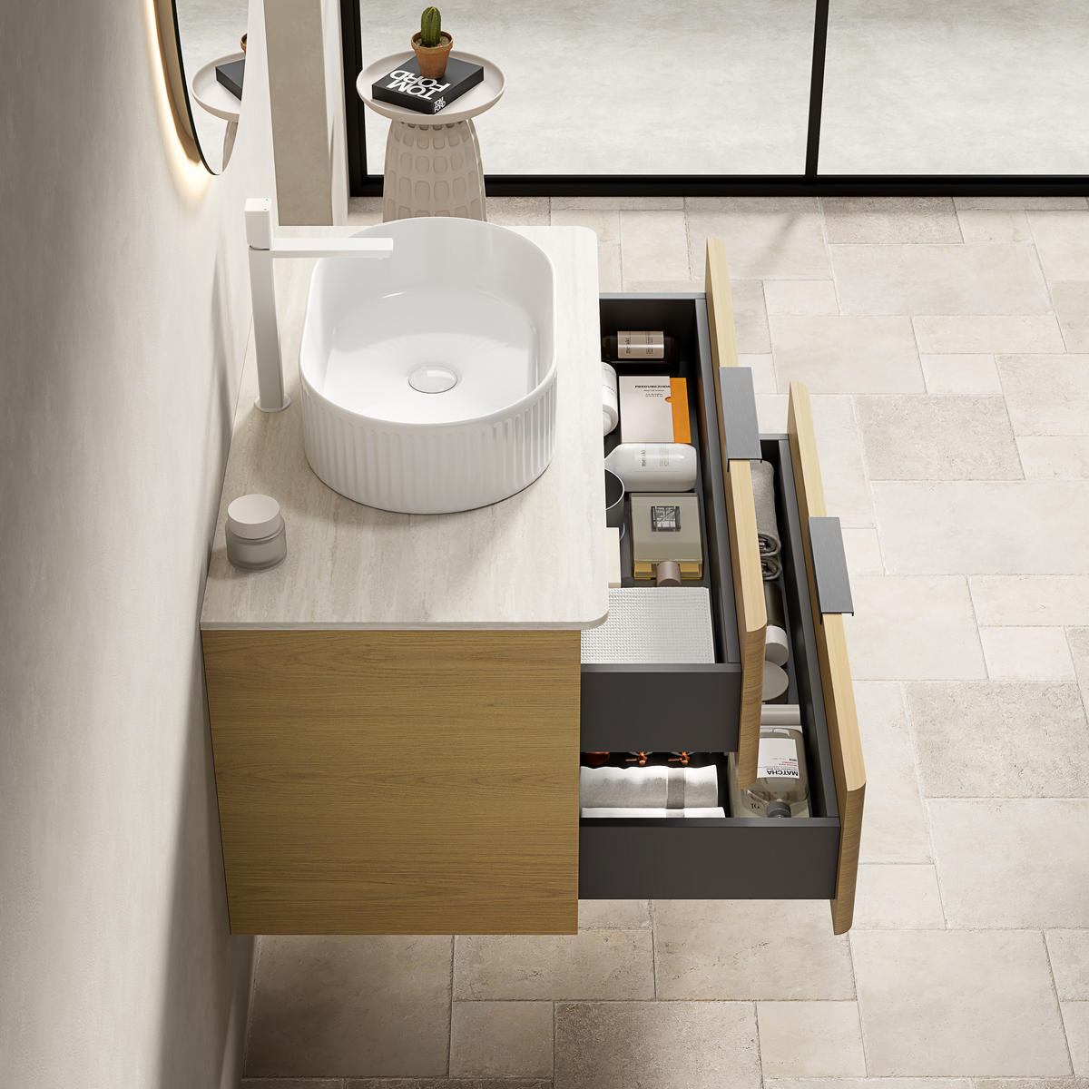 WASCHTISCHKOMBI Eiche hell schwebend mit Keramikbecken & Sintersteinplatte - Eiche San Remo, Keramik/Holzwerkstoff (90/62.2/46cm) - Urban Meuble