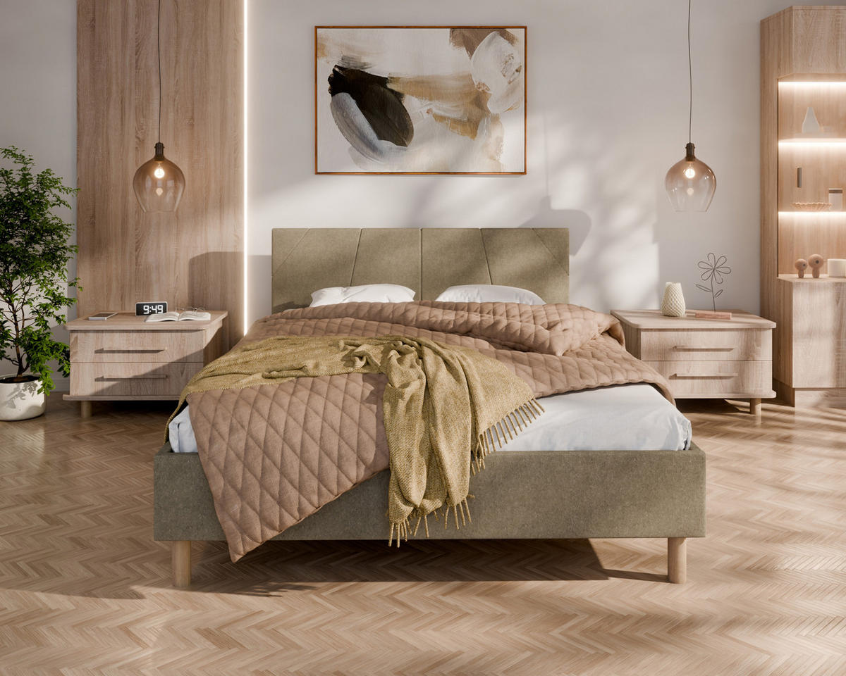 POLSTERBETT ALMORE 140x200cm Elegantes Polsterbett für modernen Wohnstil , 7-Zonen-Taschenfederkernmatratze CIRA (24 cm), cappuccino - Cappuccino, Holz (140/200cm) - Homesy