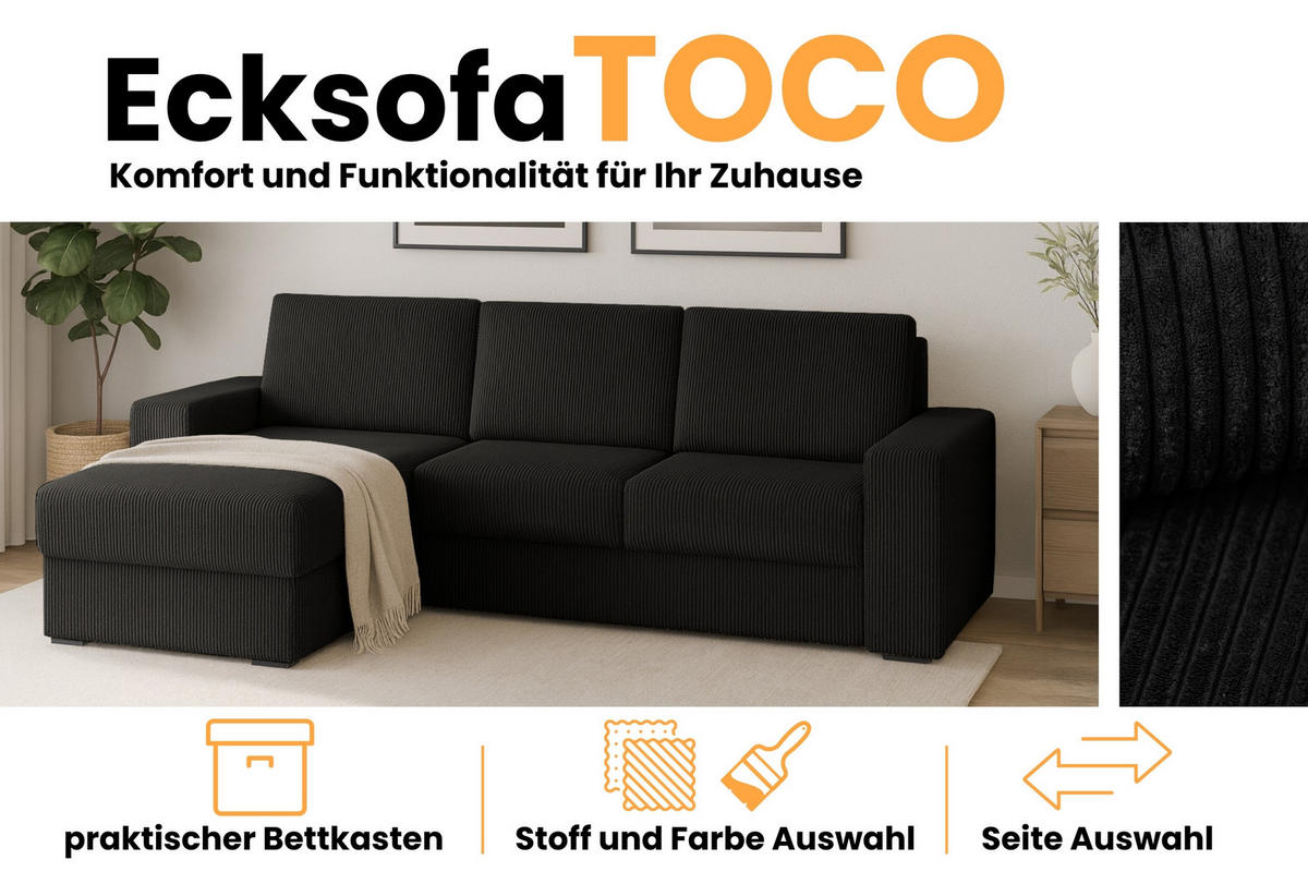 ECKSOFA TOCO L 240x145 cm in Cord Schwarz links - Schwarz, Holz/Holzwerkstoff (240/145cm) - Deine Möbel 24