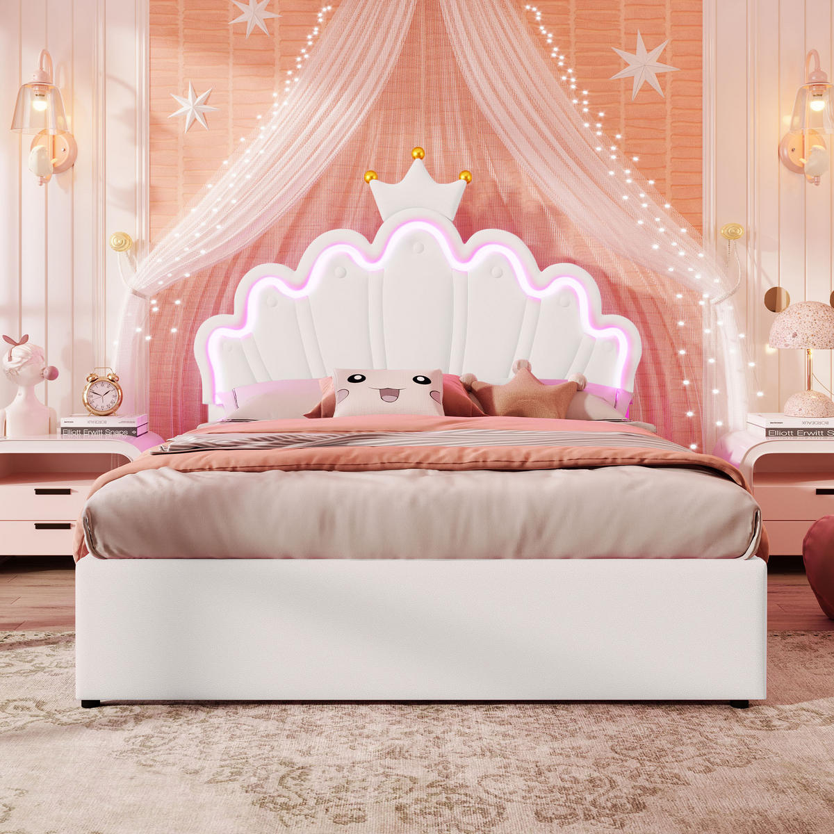 POLSTERBETT 140x200cm Weiß PU Fernbedienung Kronenform 2 Schubladen - Weiß, Holz (140/200cm) - FLIEKS