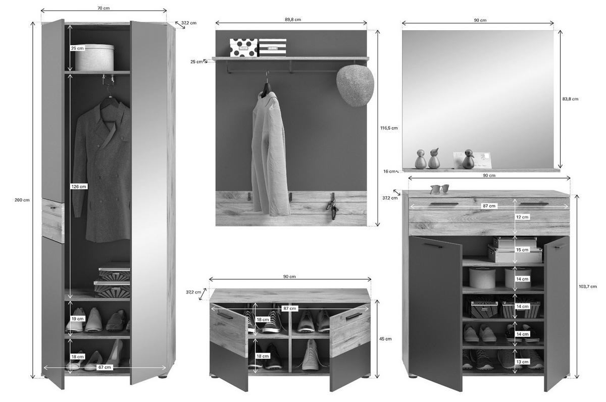 GARDEROBEN-SET Eiche, grau 5-teilig 280 cm mit Soft-Close - Eichefarben/Schwarz, Glas/Holzwerkstoff (195/200/37cm) - Inn.Furn