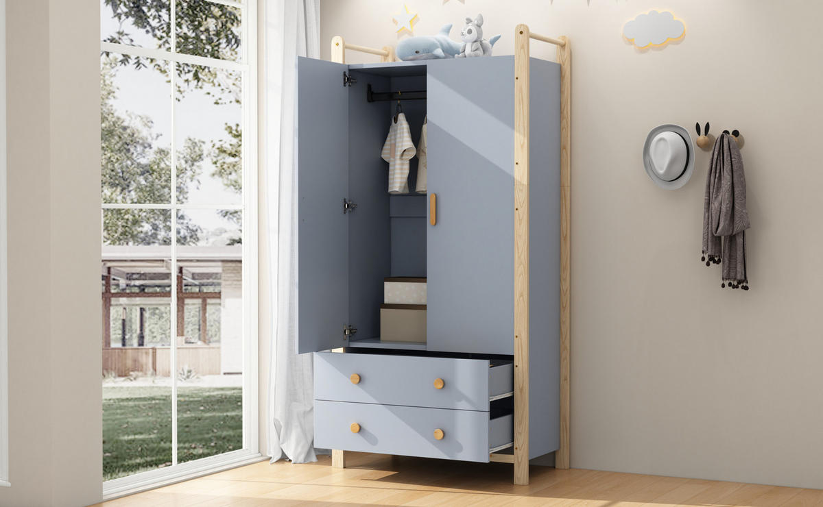 KLEIDERSCHRANK 89,6/44/180,5 cm mit 2 Drehtüren und 2 Schubladen in Blau - Blau, Holzwerkstoff (89.6/180.5/44cm) - BEAOK