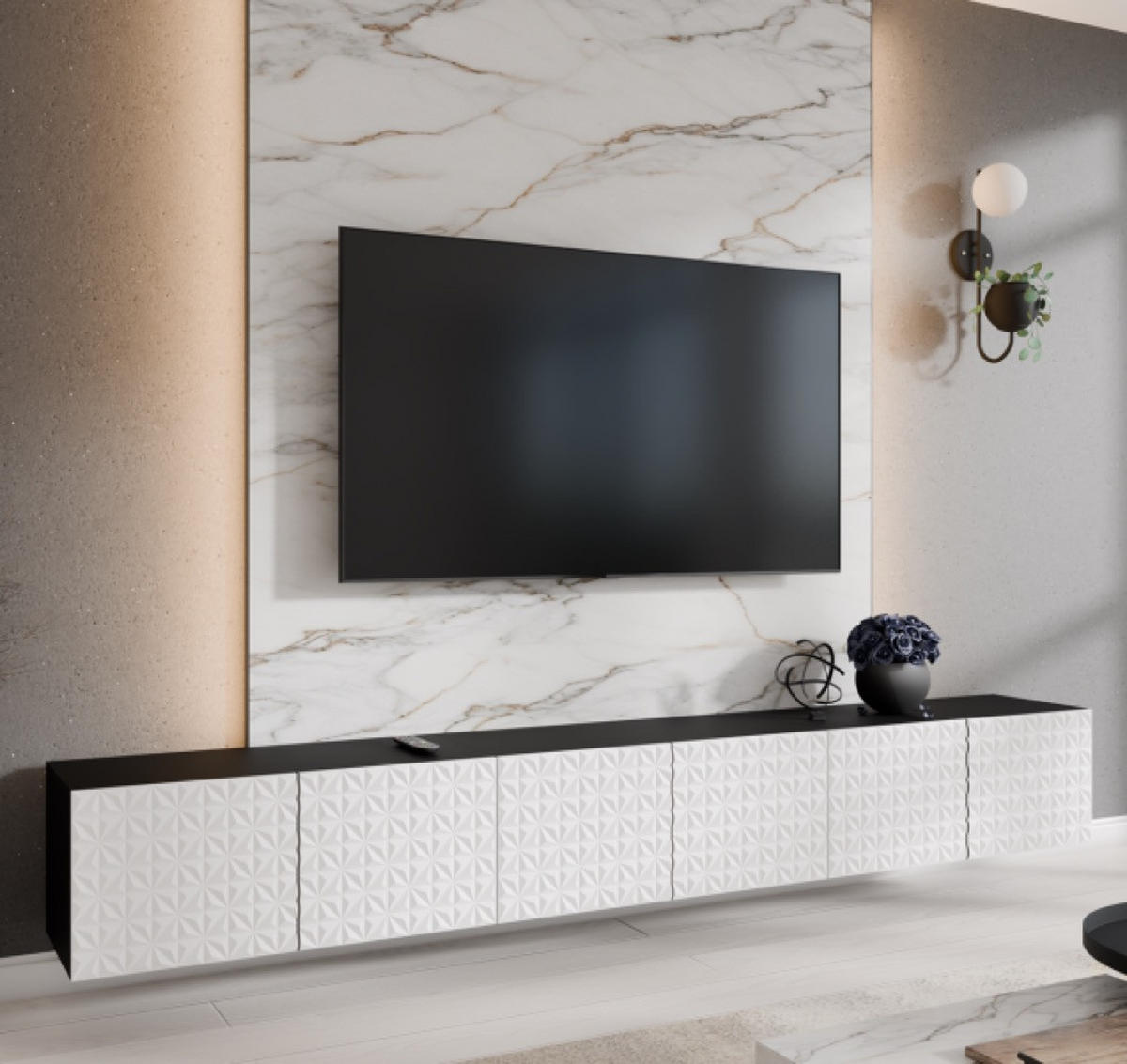 TV-SCHRANK Weiß Schwarz ALI Geschlossen Mit Dekorativen Fronten 300 cm - Schwarz/Weiß, Holzwerkstoff (300/41/40cm) - Sepro Meble