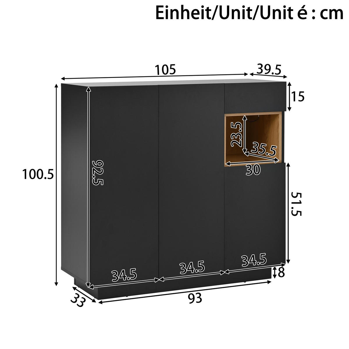 SCHUHSCHRANK 105/39,5/100,5 cm in Schwarz/Natur mit LED-Beleuchtung und Schublade - Schwarz, Holzwerkstoff (105/100/39cm) - Flora Grace