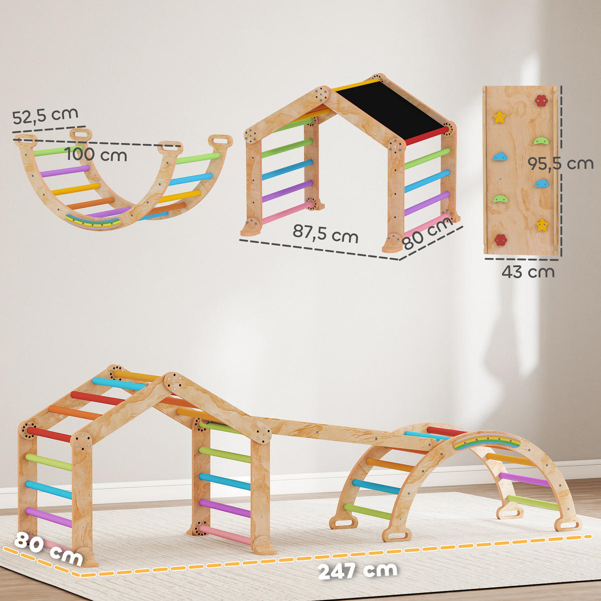 KLETTERDREIECK DE-18398 9-in-1 mit umkehrbarer Rutsche & Wippe Bunt - Naturfarben, Holzwerkstoff (52.5/100cm) - ComfortXL