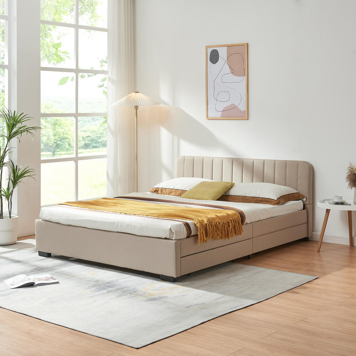 POLSTERBETT Nofrenna - Beige/Schwarz, Holzwerkstoff/Kunststoff (160/200cm) - [en.casa]
