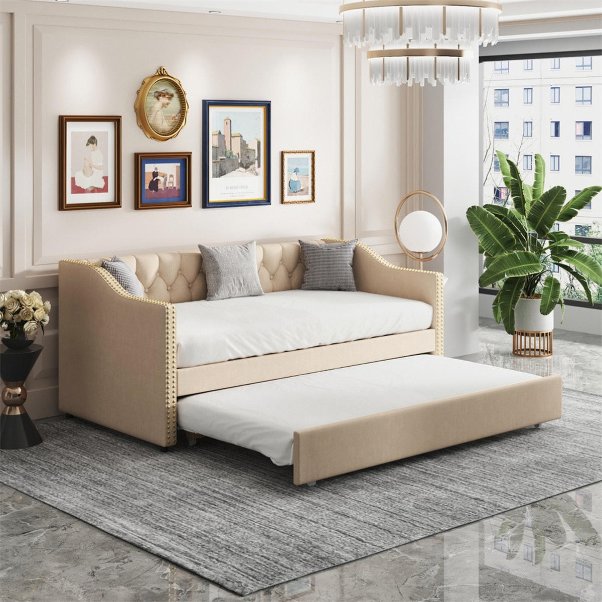 POLSTERBETT 90x200 cm mit Rückenlehne - mit Ausziehbett und Armlehnen - ohne Matratze - Beige - Beige, Textil (90/200cm) - DELFA