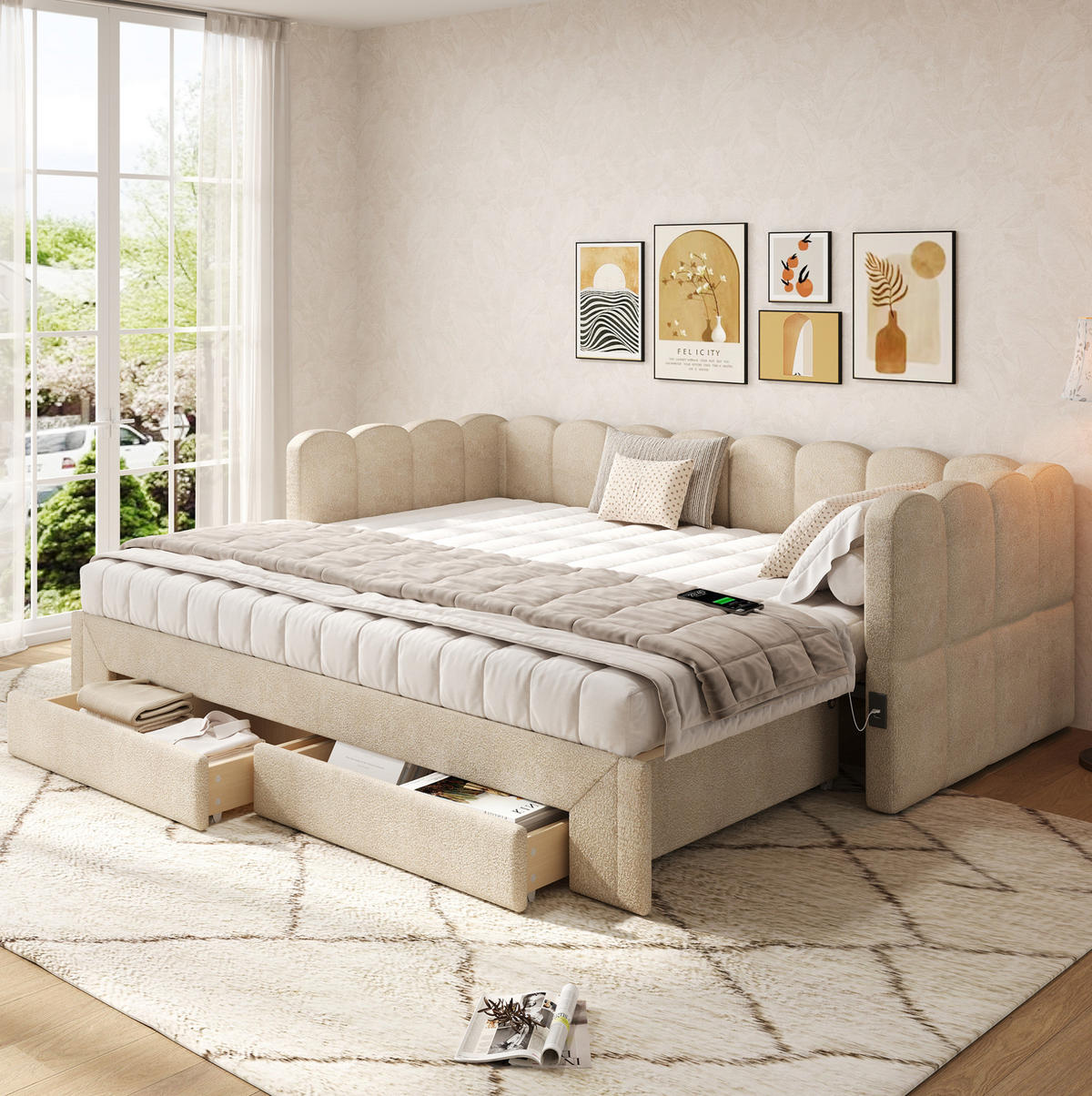 POLSTERBETT 90/200 cm beige aus Chenille mit Ausziehfunktion und USB-Anschluss - Beige, Textil (90/200cm) - OKWISH