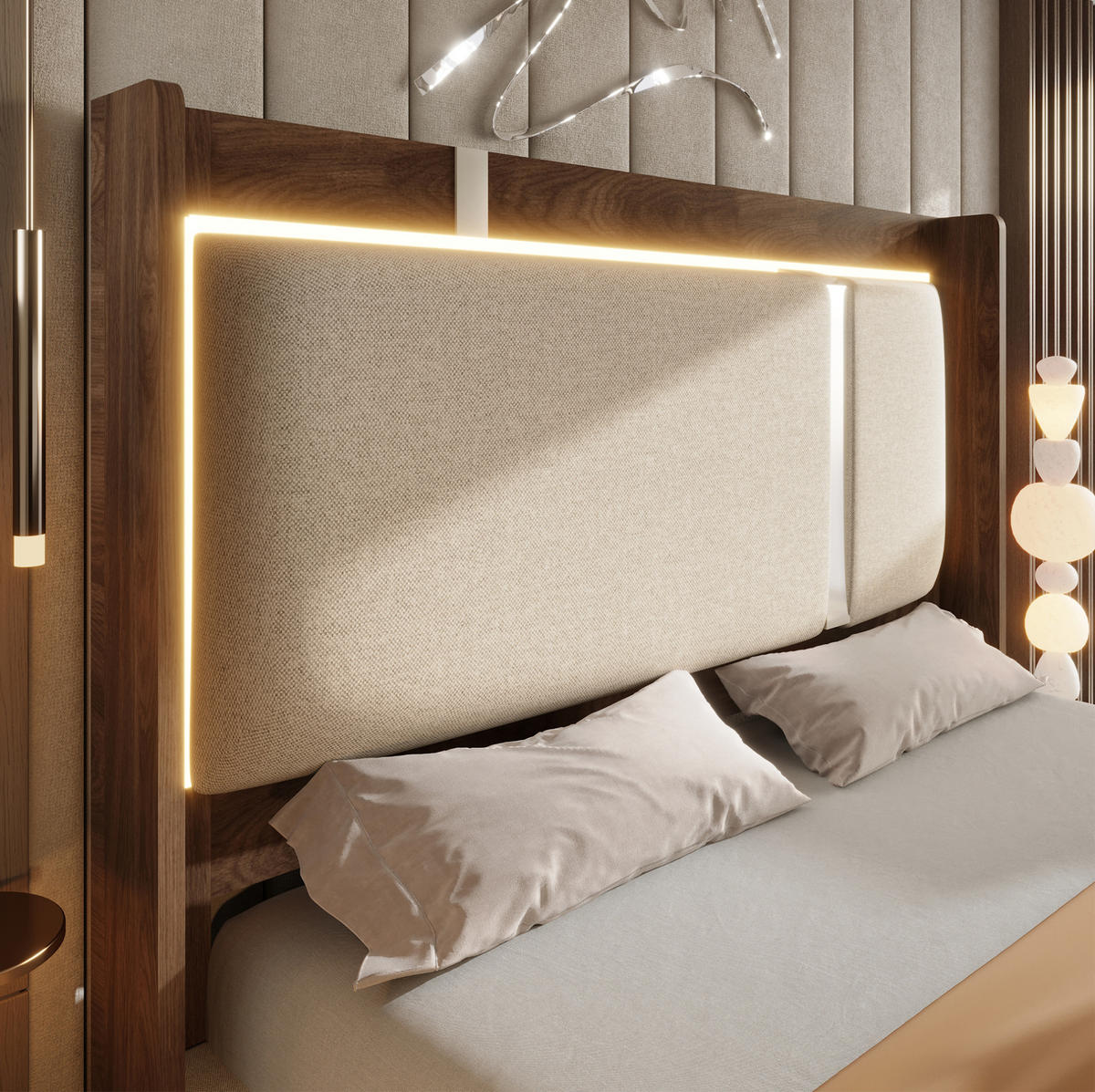 POLSTERBETT 140/190 cm aus Leinen und Holz mit LED und Bettkasten Beige - Beige, Textil (140/190cm) - Modenvie
