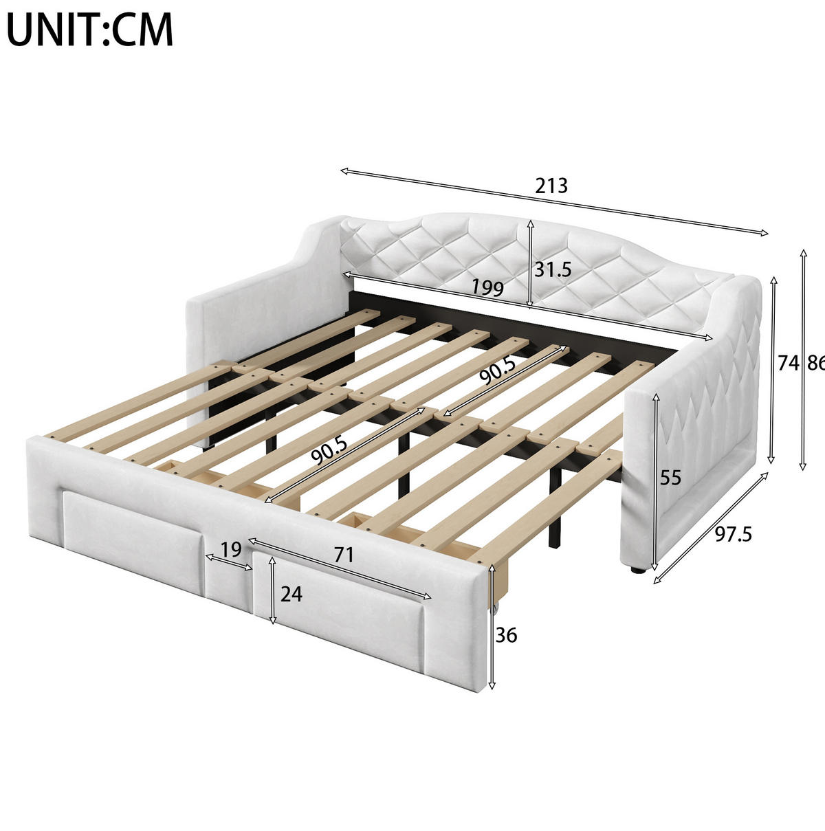 KREVET na razvlačenje 90/200 cm s LED osvjetljenjem i dvjema ladicama, Bijela - bijela, tekstil (90/200cm) - Redom