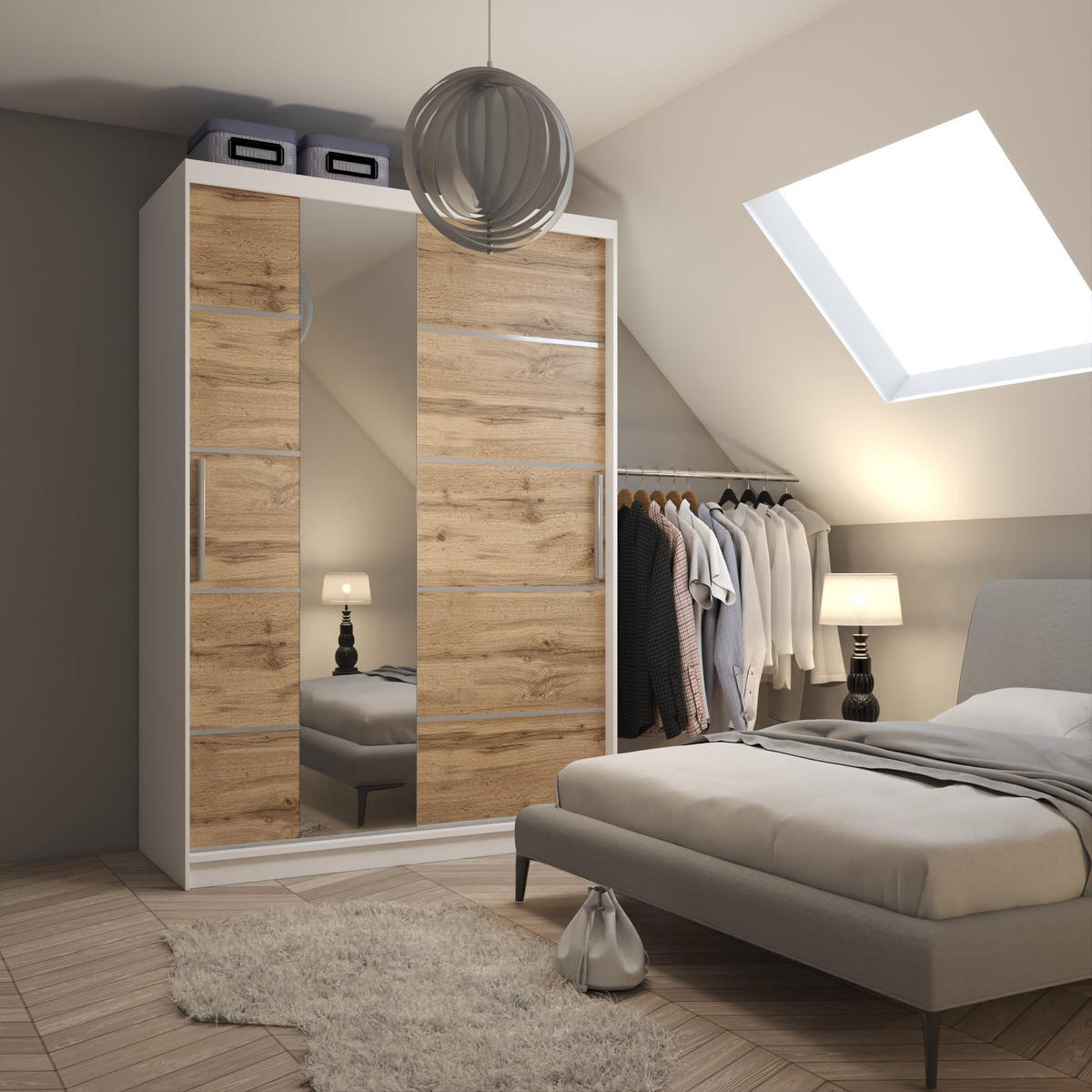 SCHWEBETÜRENSCHRANK Verona MBP, Weiß/Goldbraun Matt, 133 cm, mit Spiegel - Braun, Holz (133/216/60cm) - B BELINI GROUP