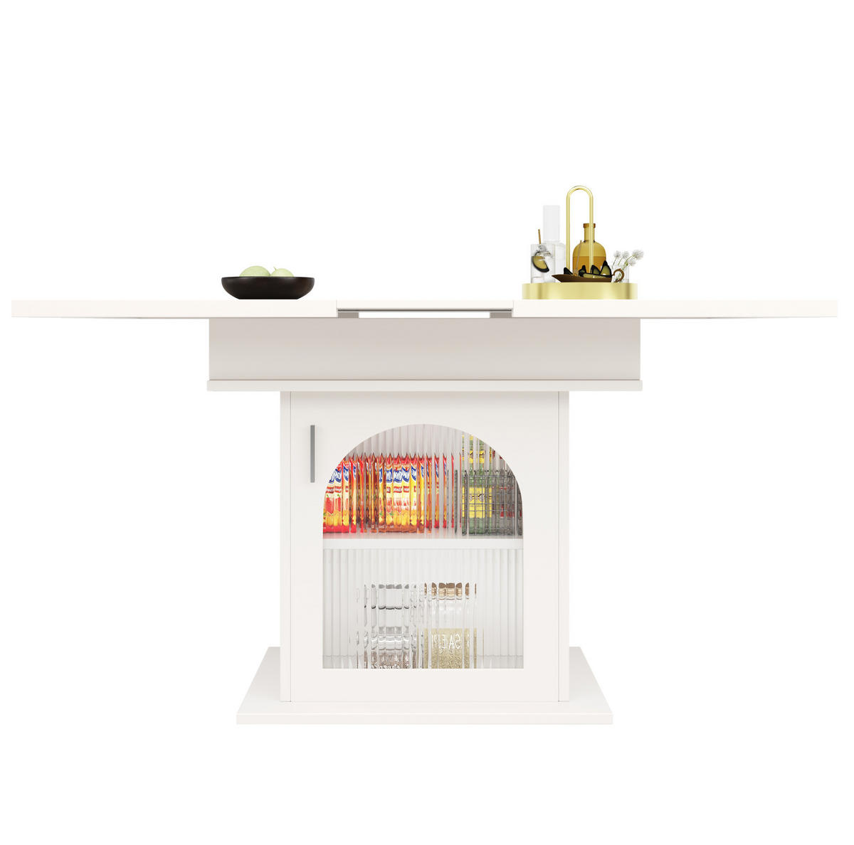 JEDÁLENSKÝ stôl 110/140/80 cm biela, MDF a sklo, rozkladací s úložným priestorom - biela, kompozitné drevo (80/140/76cm) - BEAOK