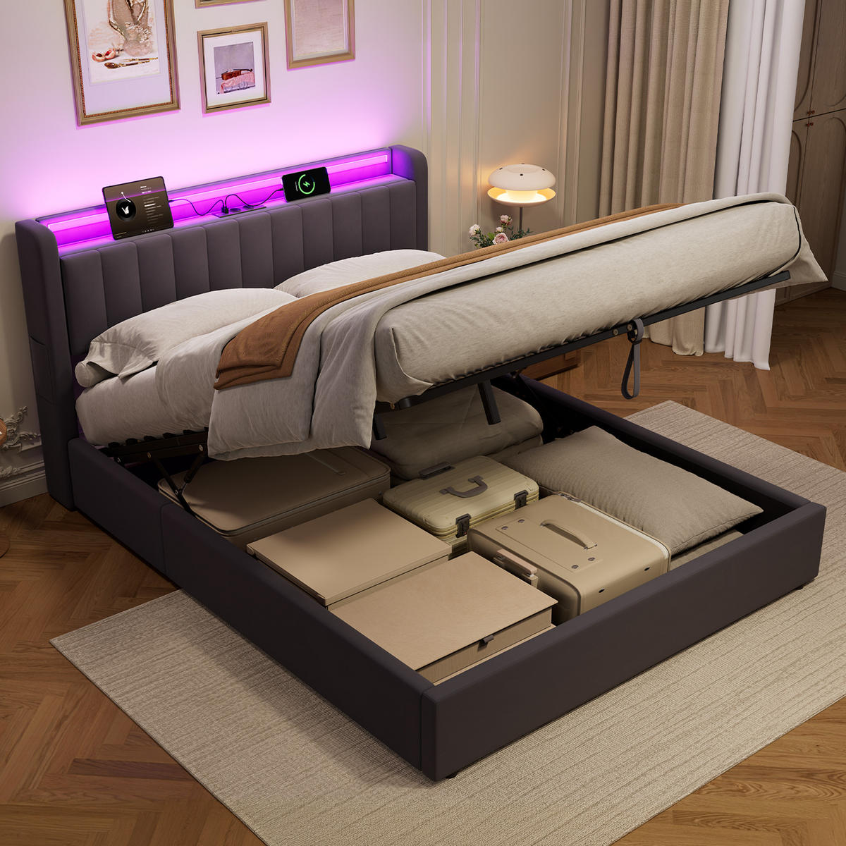 ČALÚNENÁ posteľ 160/200cm tmavosivá zo zamatu, kovu a dreva s LED svetlom, USB konektorom a úložným priestorom - sivá, textil (160/200cm) - Modfu