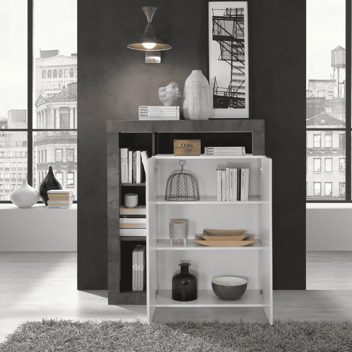 HIGHBOARD mit 2 Türen Frankfurt - L108 cm - Weiß/Grau, Holzwerkstoff (108/127/42cm) - Calicosy