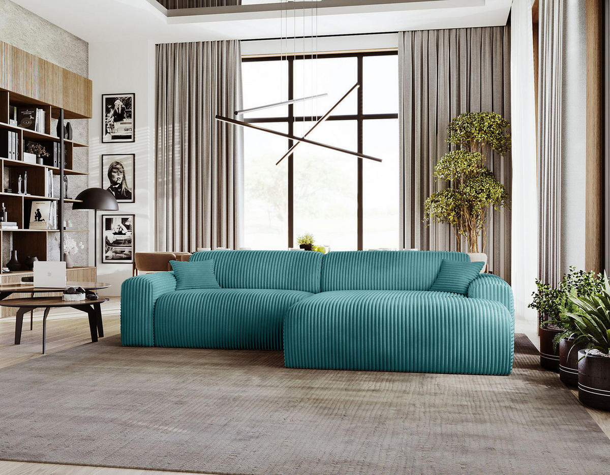 ECKSOFA mit Longchair - Cord - Türkis/Schwarz, Kunststoff/Textil (284/178cm) - home24