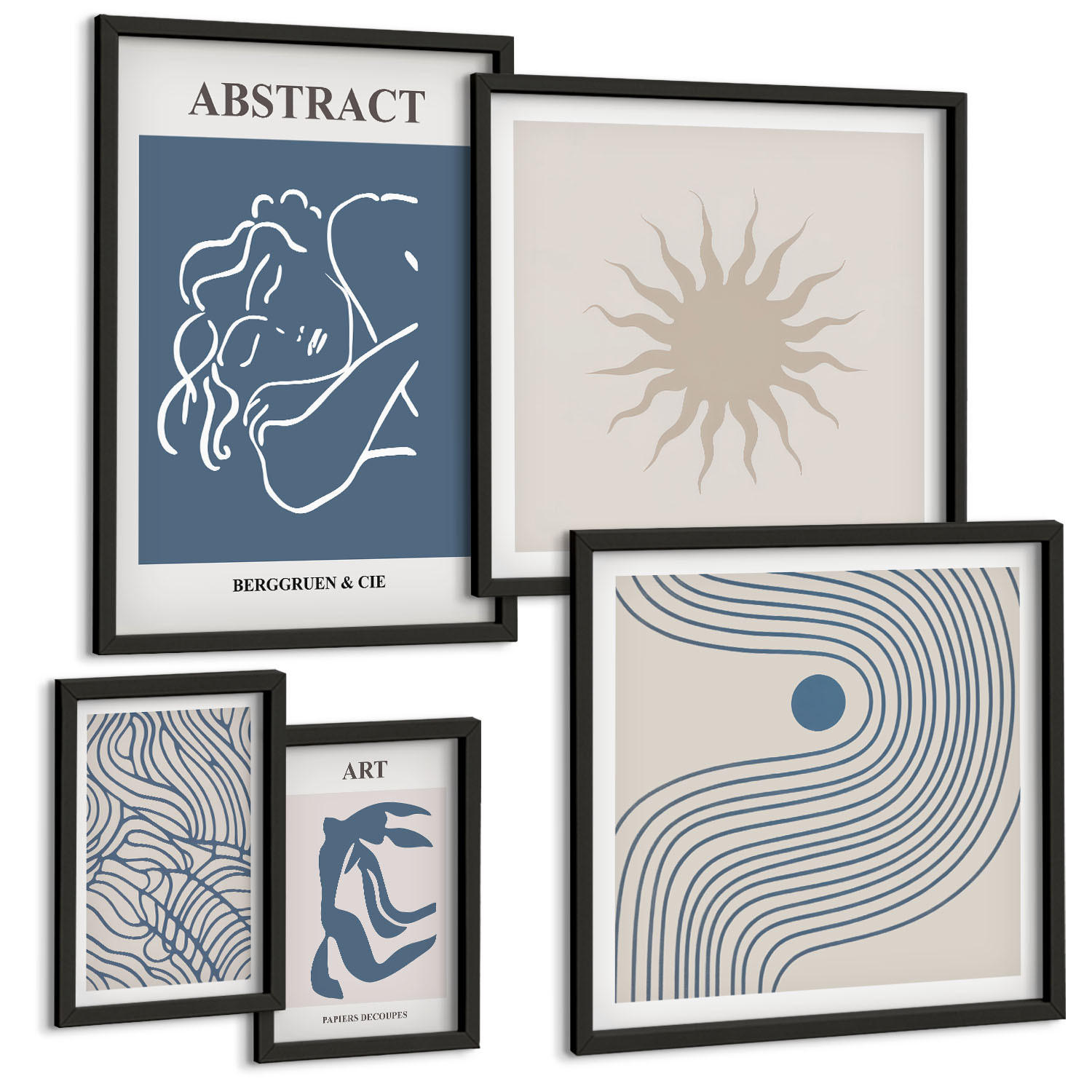 BILDER SET 5er Set - 50x50 cm & 20x30 cm & 40x60 cm Schwarzer Rahmen - Matisses stilvolle abstrakte Muster - Schwarz, Kunststoff (40/60cm) - TULUP
