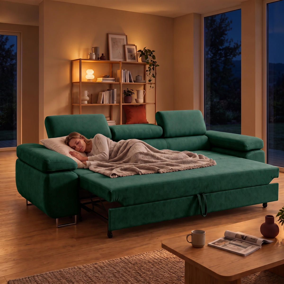 3-SITZER-SOFA WILD mit Schlaffunktion 127x190 Velours Dunkelgrün - Chromfarben/Dunkelgrün, Holz/Textil (262/90/102cm) - Muffo