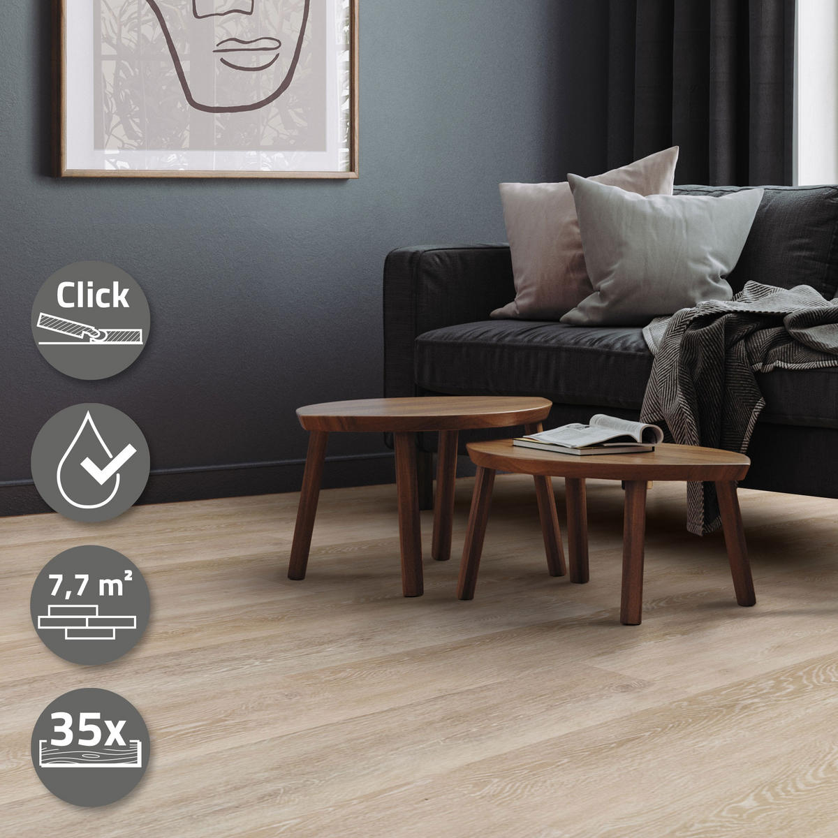 VINYLBODEN Click 7,7m²/35 Dielen Afterglow Eiche - Hellgrau, Kunststoff (122/18/0.42cm) - ML-DESIGN