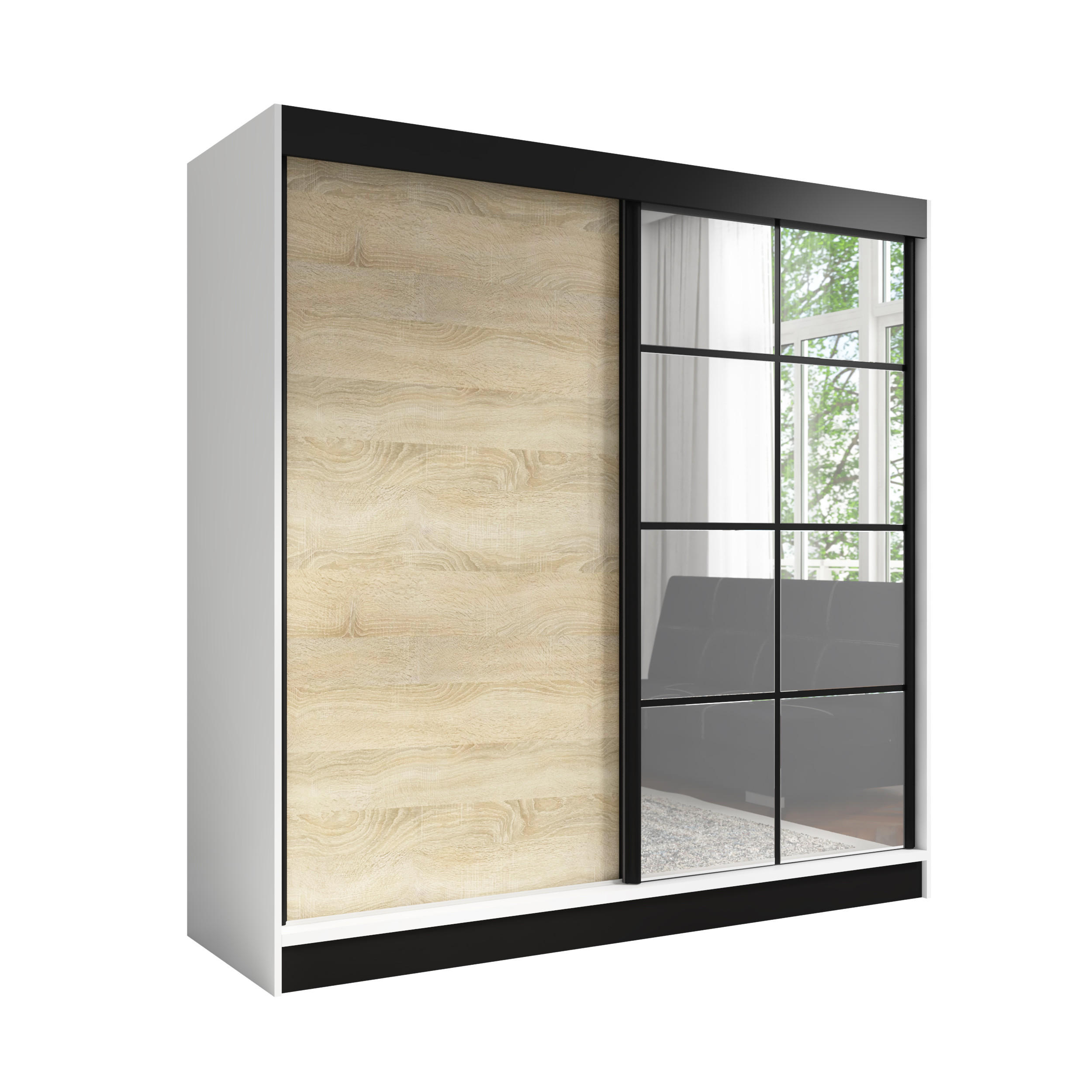 A&J MöbelLand Schwebetürenschrank Weiß, Braun 200x215x60 cm