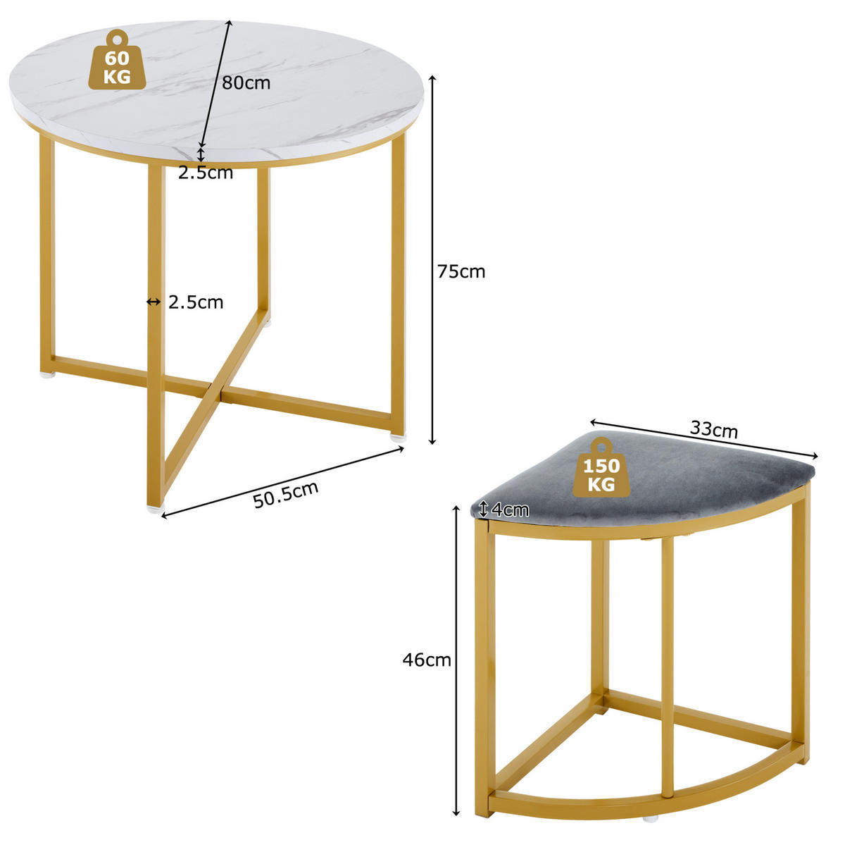 JÍDELNÍ souprava 80 cm bílá z MDF a kovu se 4 židlemi - bílá, kompozitní dřevo (80/75/80cm) - OKWISH